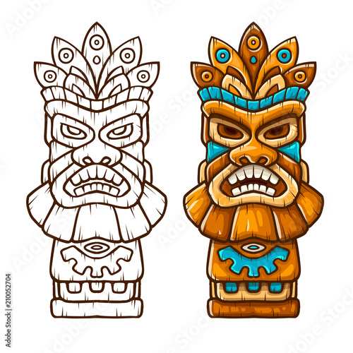 Tiki traditional hawaiian tribal mask with human face outline.