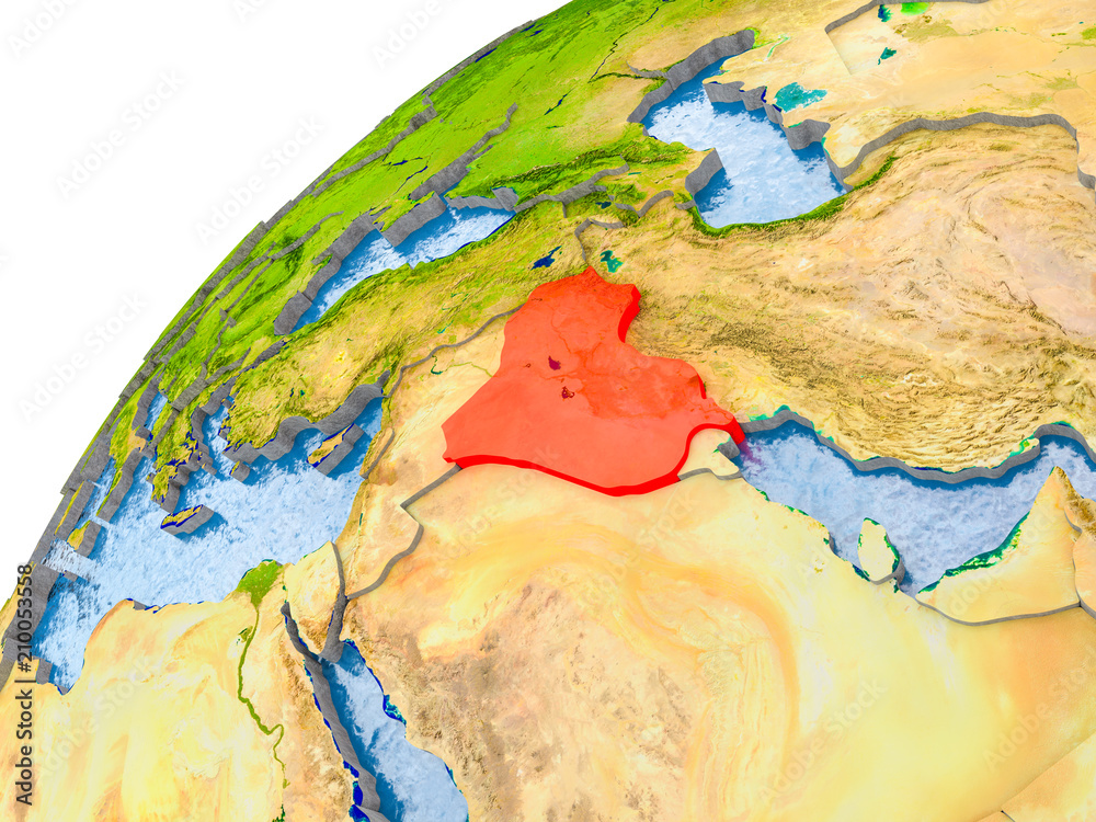 Map of Iraq in red on globe
