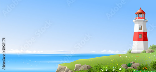 Realistic lighthouse on a green hill above the sea. Wide banner or Wallpaper. Vector illustration.