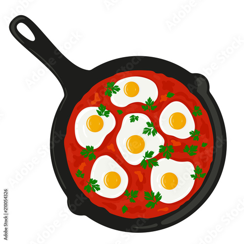 Shakshouka (shakshuka) served in a frying pan with parsley, top view. Traditional middle eastern (israeli, arab) dish made of eggs and tomato sauce. Vector hand drawn illustration.
