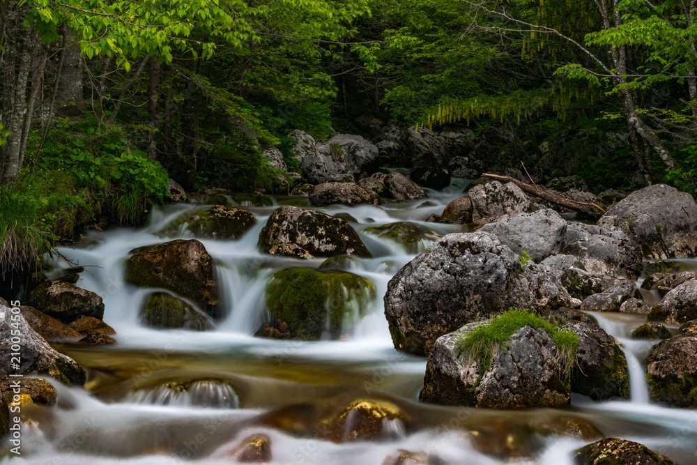 Tranquillo flusso d'acqua delle piccole cascate vicine alla sorgente del  fiume Isonzo, ne Parco nazionale del Triglav, Slovenia Stock Photo | Adobe  Stock