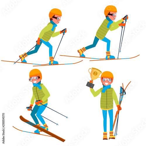 Skiing Young Man Vector. Man. Enjoying Snow Landscape. Skier And Snow. Flat Cartoon Illustration