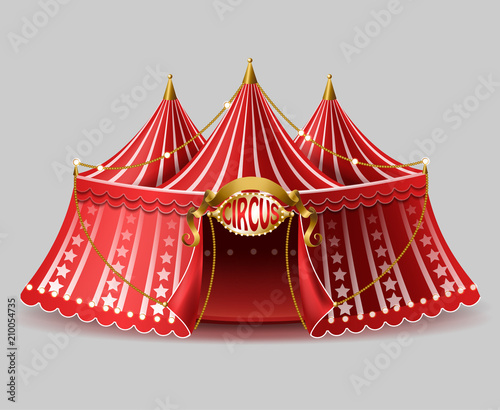 Vector 3d realistic circus tent with illuminated signboard for entertainment, amusement show. Red cirque, arena with bulbs, lighting. Marquee with stage for ad poster, promo banner