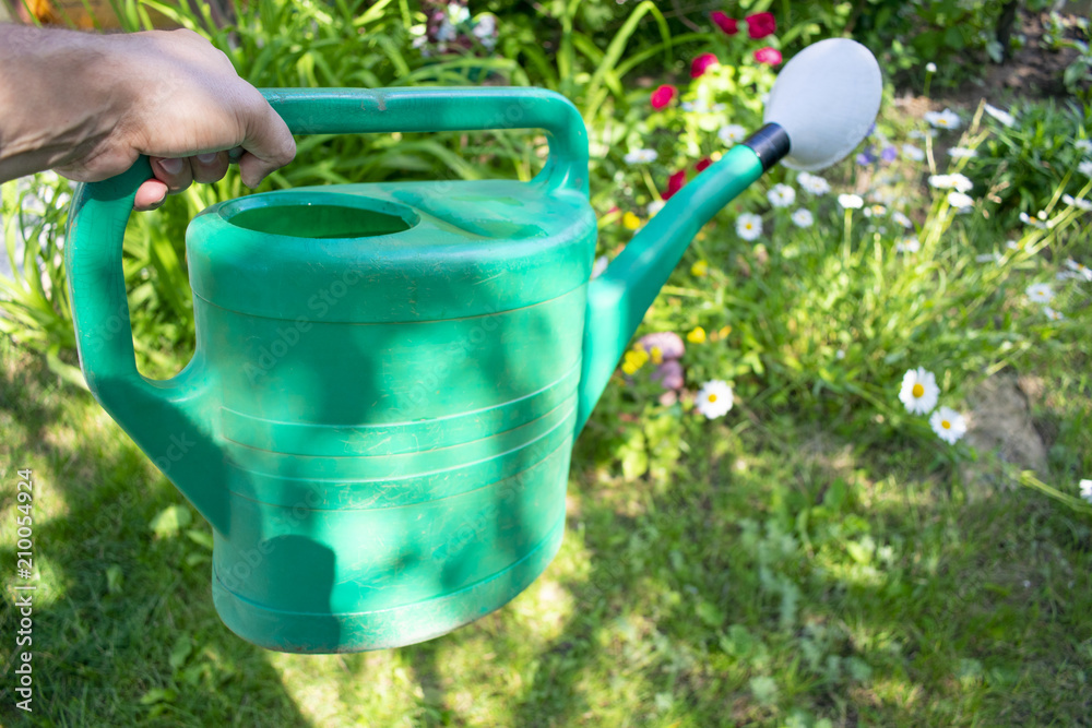 keep hand green garden watering can for watering plants in the garden, against the background of flowers keep hand green garden watering can for watering plants in the garden, against the background of flowers