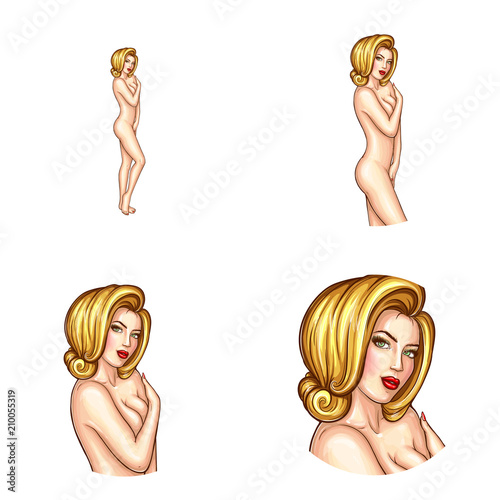 Vector avatar of pop art nude blonde girl covers her breast with palm. Networking element of sexy young female character. Beauty model isolated in white circle