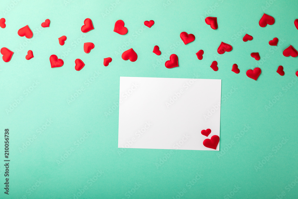 Postcard Invitation Shape Heart of Red Color on the Colored Background Valentine's Day Party Top View Copy space for Text Postcard Invitation Shape Heart of Red Color on the Colored Background Valentine's Day Party Top View Copy space for Text