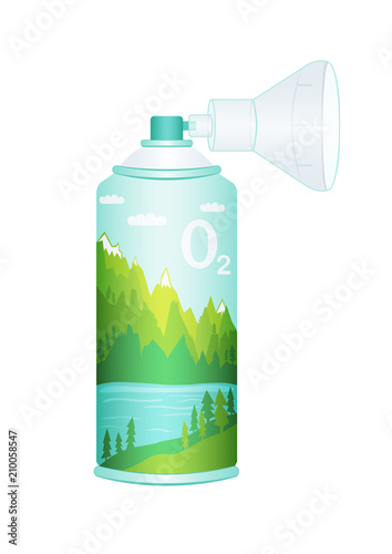 Oxygen cylinder with compressed pure mountain oxygen for breathing. Equipment with respiratory mask for inhalations. Color vector illustration of balloon isolated on white background