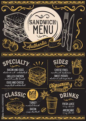 Sandwich restaurant menu. Vector food flyer for bar and cafe. Design template with vintage hand-drawn illustrations.