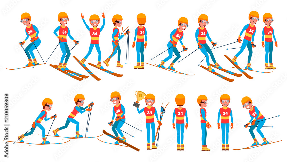 Skiing Male Player Vector. Winter Games. Competing In Championship. Playing In Different Poses. Man Athlete. Isolated On White Cartoon Character Illustration