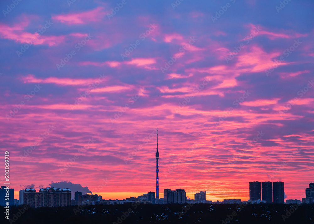 blue and pink sunrise over Moscow city