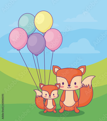 cute foxes with balloons over landscape background  colorful design. vector illustration