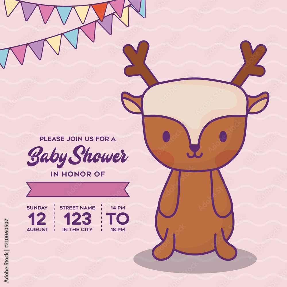Obraz premium Baby shower invitation with decorative pennants and cute deer icon over pink background, colorful design. vector illustration