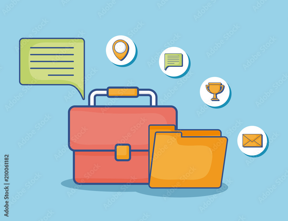 speech bubble and briefcase with digital marketing related icons around over blue background, colorful design. vector illustration speech bubble and briefcase with digital marketing related icons around over blue background, colorful design. vector illustration