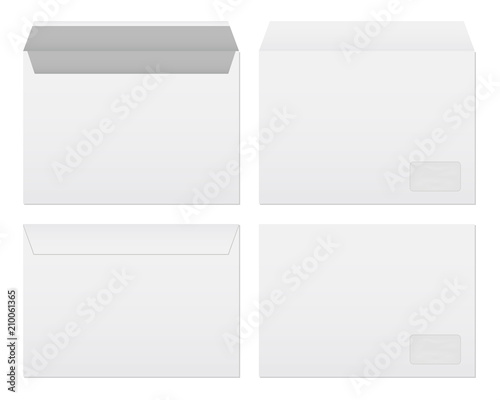 Creative vector illustration of white blank paper envelopes template set isolated on transparent background. International standard sizes. Art design empty example packing letter. Graphic element
