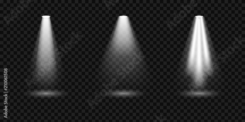 Creative vector illustration of bright lighting spotlights set, light sources isolated on transparent background. Art design beam for concert, scene illumination. Abstract concept graphic element