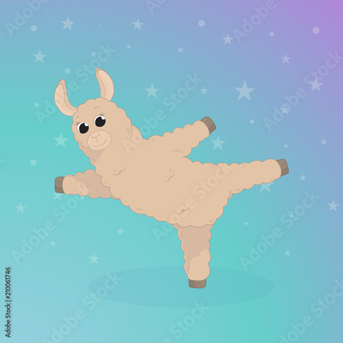 Cartoon llama. Cute lama. Alpaca. Card on colorful background. Vector photo