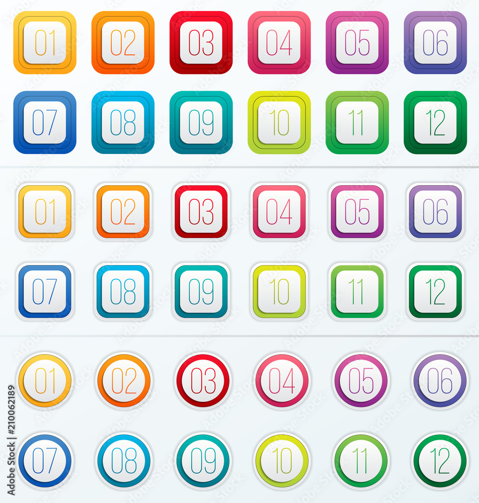 Creative vector illustration of number bullet points set 1 to 12 isolated on transparent background. Art design. Flat color gradient web icons template. Abstract concept graphic element Creative vector illustration of number bullet points set 1 to 12 isolated on transparent background. Art design. Flat color gradient web icons template. Abstract concept graphic element