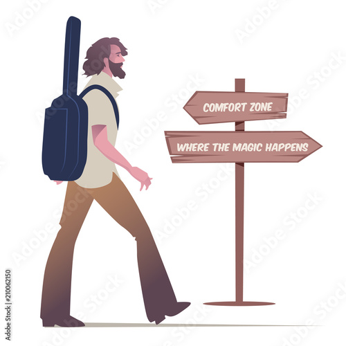 Bearded young man walking carrying a guitar to his back and wooden sign post with motivational message. Isolated on white background.