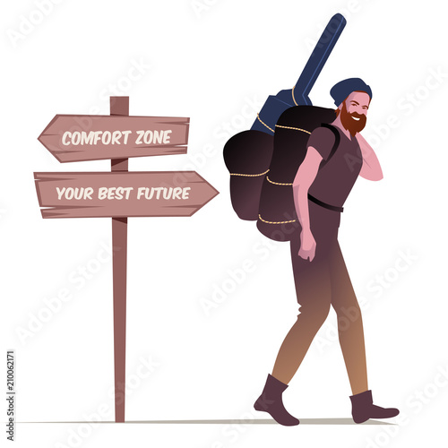 Bearded young man with hat carrying backpack and guitar and wooden sign post with motivational message. Isolated on white background.