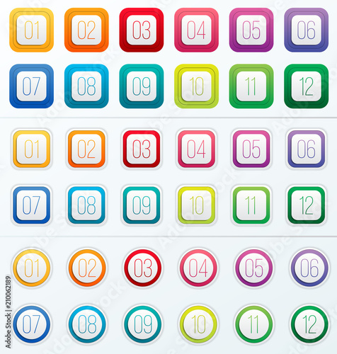 Creative vector illustration of number bullet points set 1 to 12 isolated on transparent background. Art design. Flat color gradient web icons template. Abstract concept graphic element