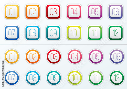 Creative vector illustration of number bullet points set 1 to 12 isolated on transparent background. Art design. Flat color gradient web icons template. Abstract concept graphic element
