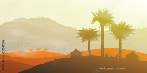 Landscape of the desert with camels and palm trees.