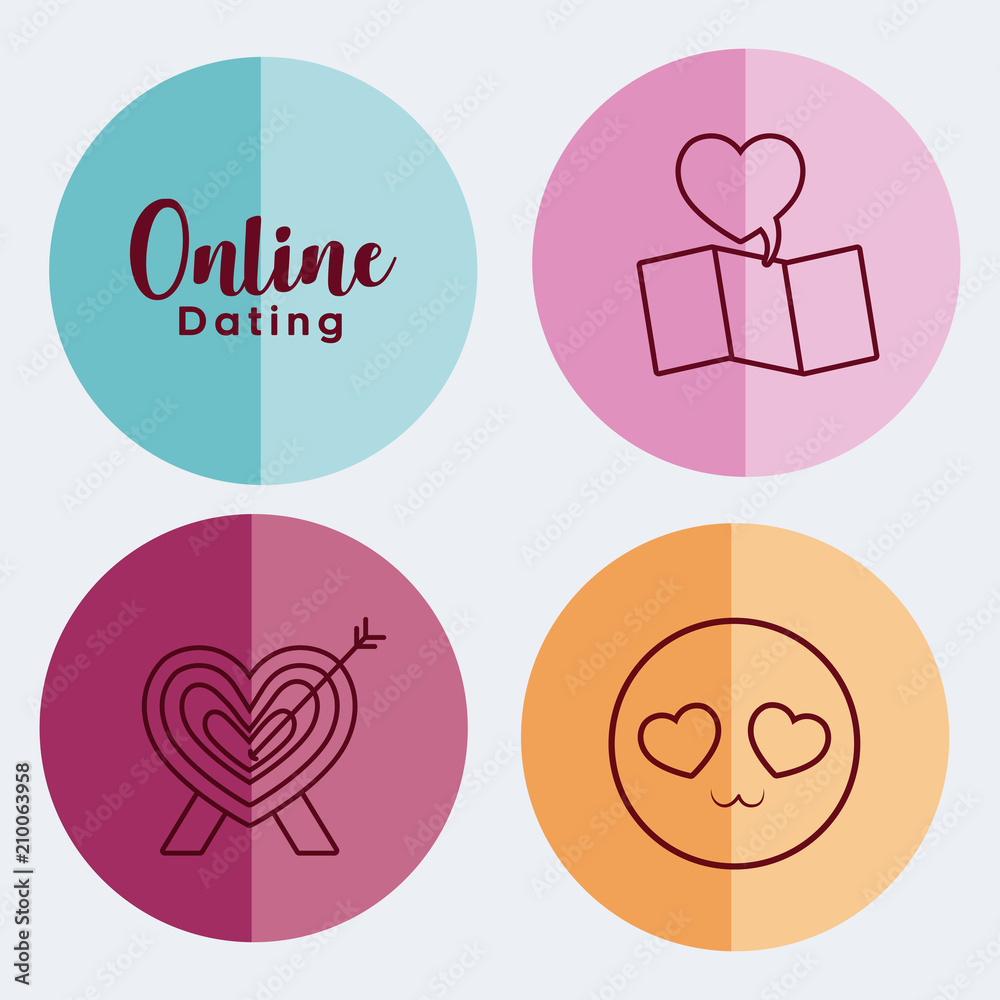 icon set of online dating concept over colorful circles and white background, vector illustration icon set of online dating concept over colorful circles and white background, vector illustration