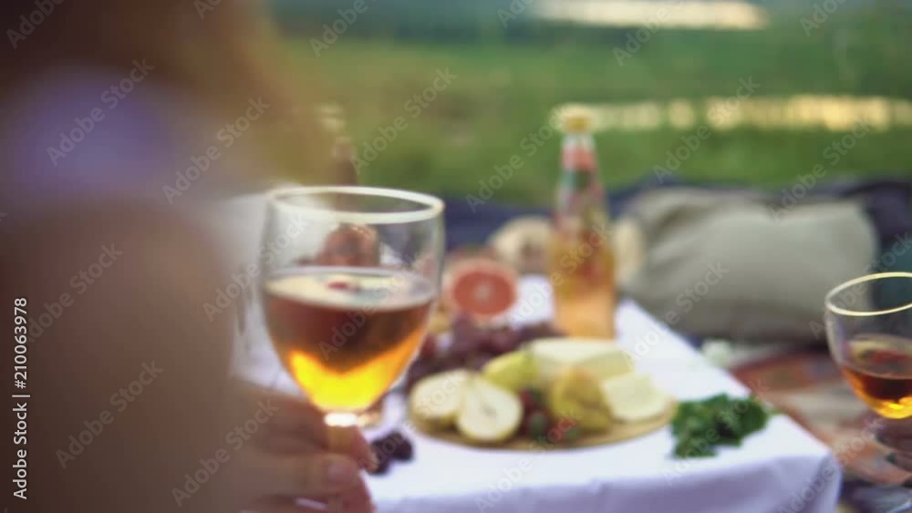 Young happy friends, laughing and drinking wine at a picnic, at sunset overlooking the mountains. Young happy friends, laughing and drinking wine at a picnic, at sunset overlooking the mountains.