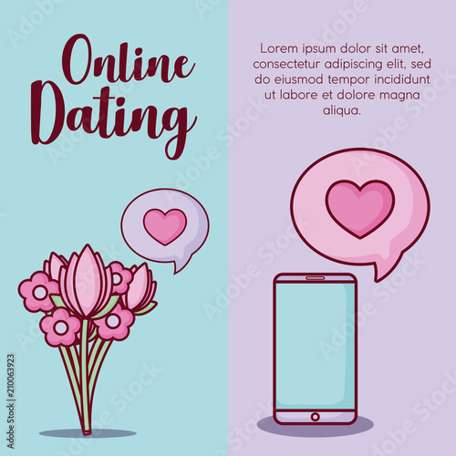 Infographic presentation of online dating concept with bouquet of flowers and cellphone  icons over colorful background, vector illustration