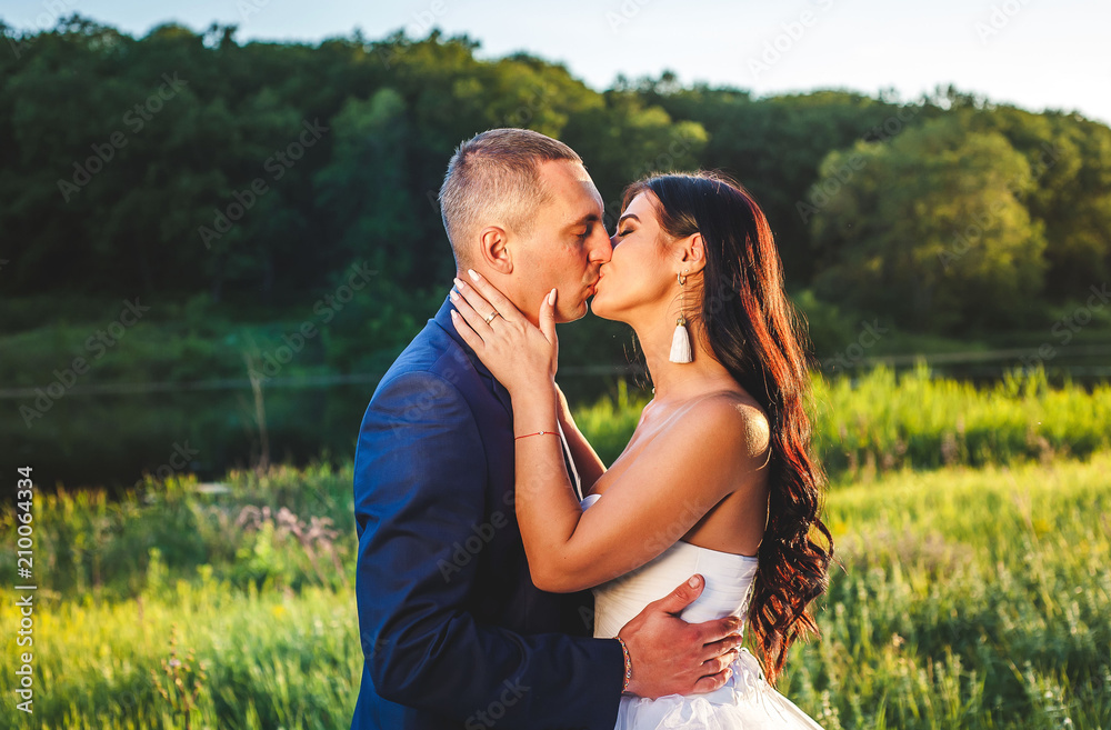 portrait of the bride and groom in nature on a sunny day, a couple in love is kissing in nature portrait of the bride and groom in nature on a sunny day, a couple in love is kissing in nature