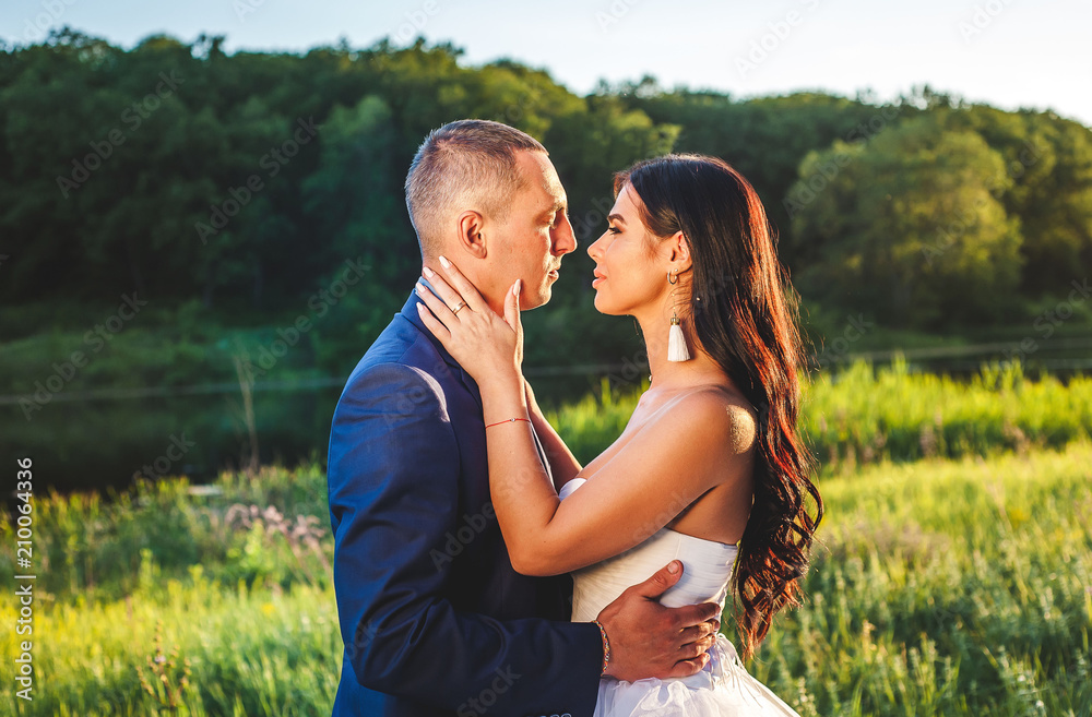 portrait of the bride and groom in nature on a sunny day, a couple in love is kissing in nature portrait of the bride and groom in nature on a sunny day, a couple in love is kissing in nature