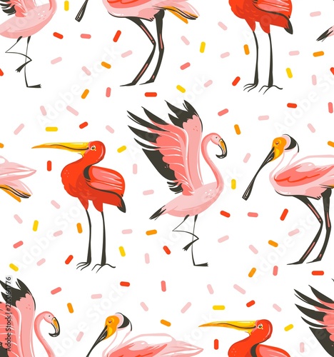 Hand drawn vector abstract cartoon summer time graphic illustrations artistic seamless pattern with exotic tropical birds flamingo,scarlet ibis,roseate spoonbill isolated on white background