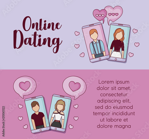 Infographic presentation of online dating concept with smartphones and speech bubbles icons over colorful background, vector illustration