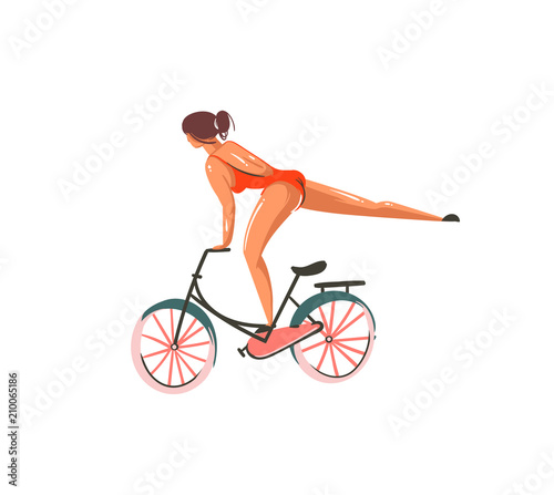 Hand drawn vector abstract graphic cartoon summer time flat illustrations print with girl ride on bicycle isolated on white background