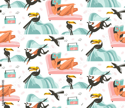 Canvas Print Hand drawn vector abstract graphic cartoon summer time flat illustrations seamle