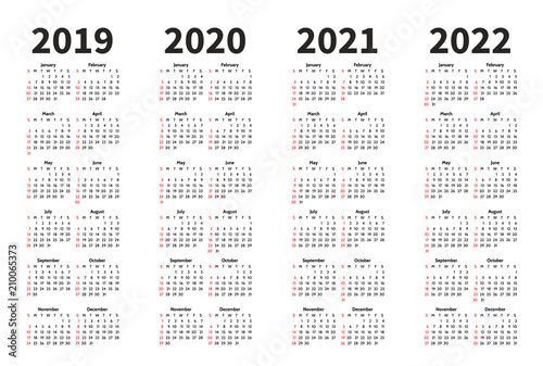 Calendar 2019, 2020, 2021 and 2022 year vector design template. Simple minimalizm style. Week starts from Sunday. Portrait Orientation. Set of 12 Months