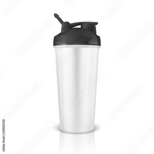 Vector realistic 3d white empty glossy metal or plastic shaker for sports nutrition closeup isolated on white background. Design template of packaging mockup for graphics. Front view