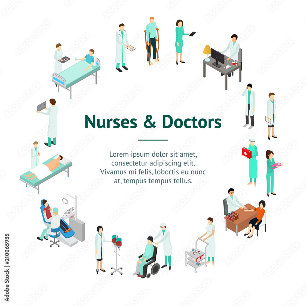 Nurses Attending Patients Banner Card Circle Isometric View. Vector