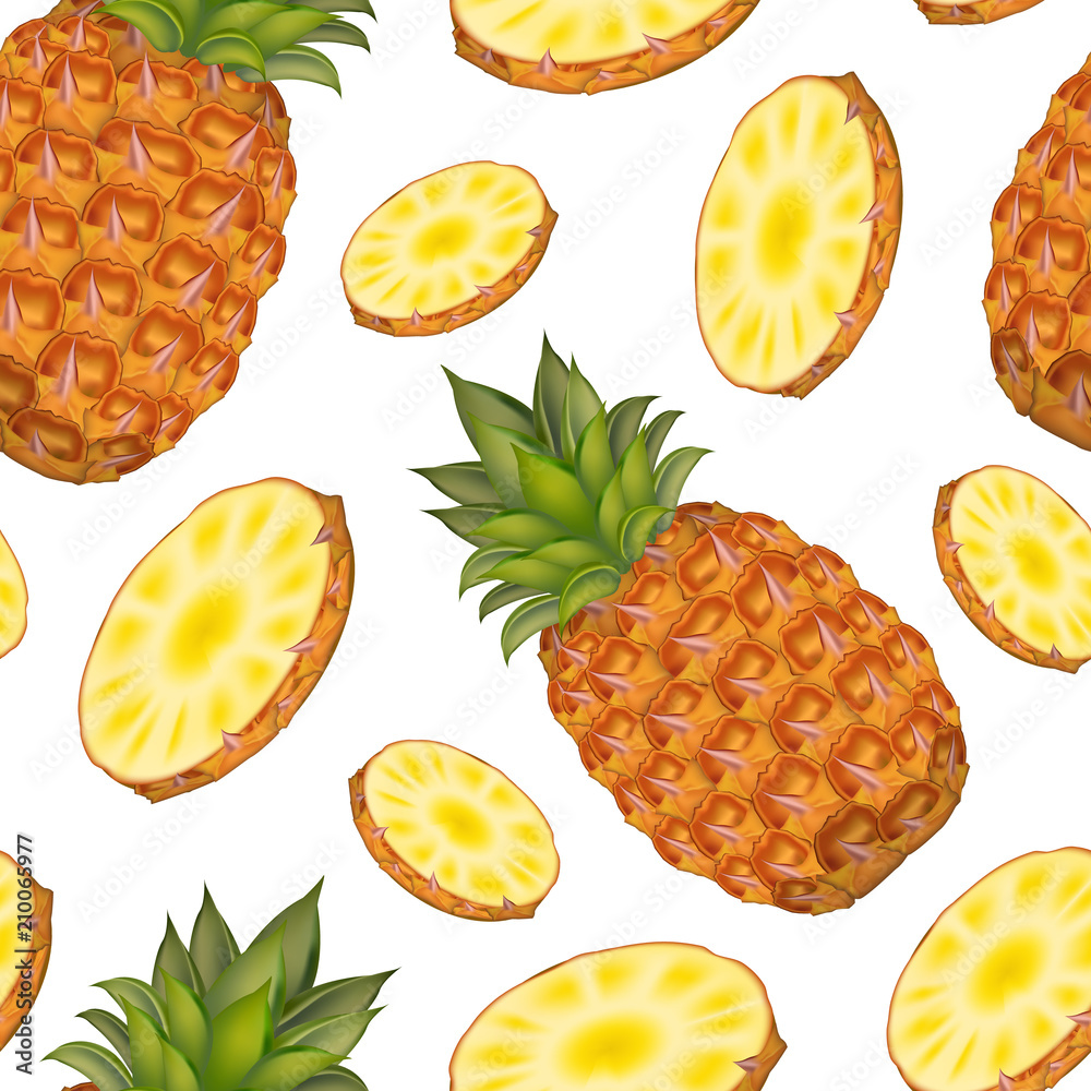 Realistic Detailed 3d Whole Pineapple with Round Slices Seamless Pattern Background. Vector Realistic Detailed 3d Whole Pineapple with Round Slices Seamless Pattern Background. Vector
