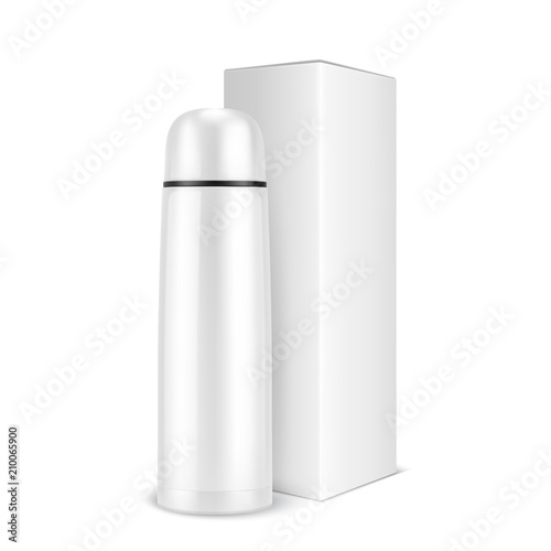 Vector realistic 3d wgite empty glossy metal vacuum thermo tumbler flask and box closeup isolated on white background. Design template of packaging mockup for graphics. Front view
