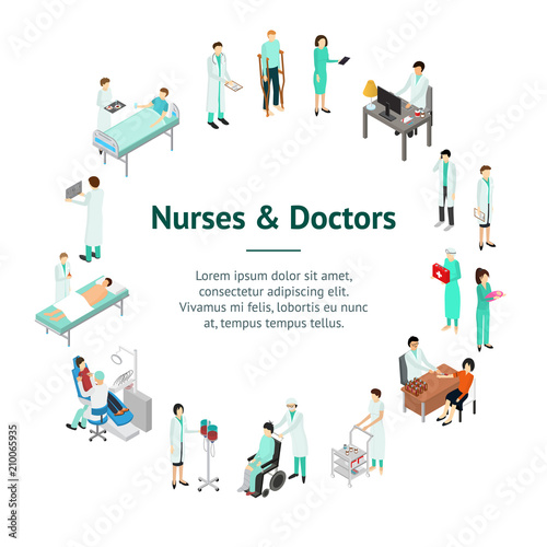 Nurses Attending Patients Banner Card Circle Isometric View. Vector