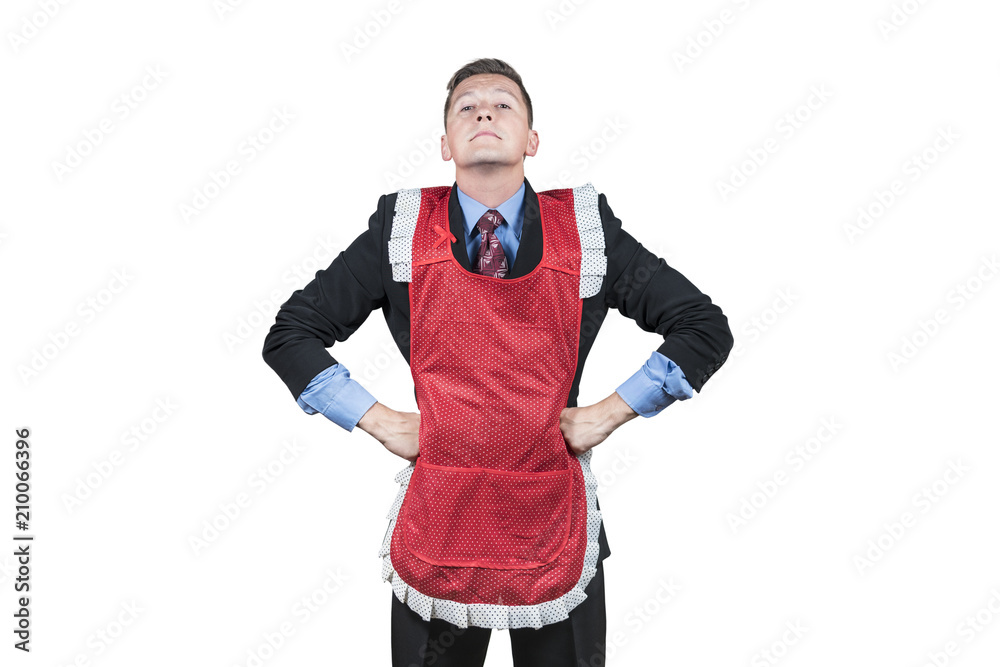 Businessman in suit with hands on belt in red apron, isolated on white background Businessman in suit with hands on belt in red apron, isolated on white background