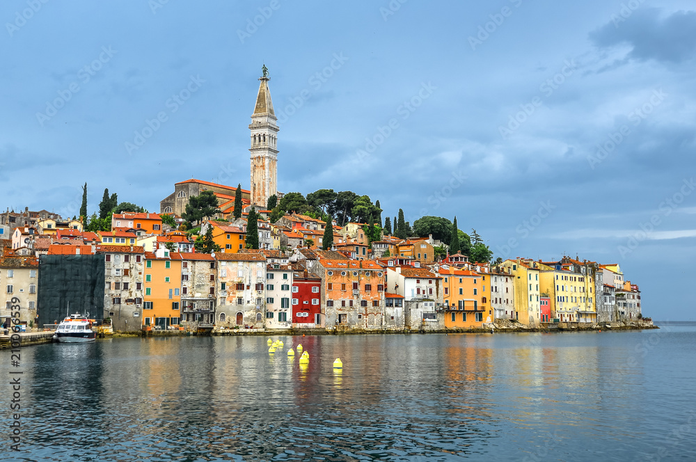 Rovinj, Croatia - May 22, 2018: Coastal town of Rovinj, Istria, Croatia. Rovinj - beautiful antique city, yachts and Adriatic Sea.