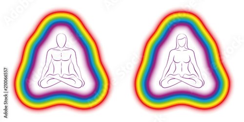 Meditating couple in yoga position with colorful subtle body or aura. Isolated vector illustration on white background.