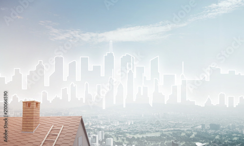 Concept of real estate and construction with drawn silhouette on big city background