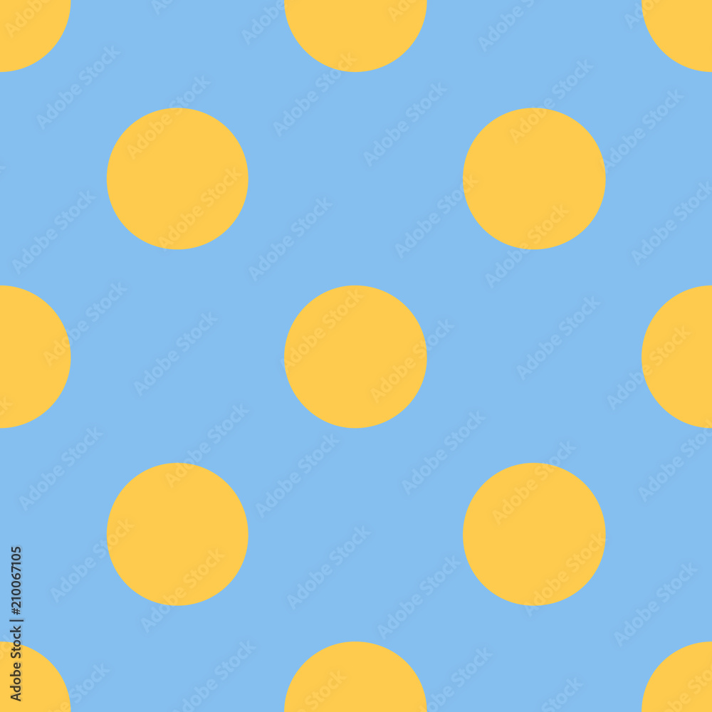Seamless pattern with polka dots, circles, points. Classic tile ornament. Yellow dots on blue background