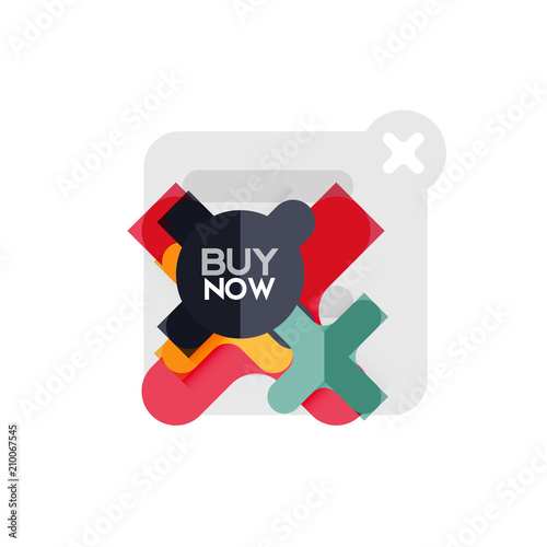 Flat design cross shape geometric sticker icon, paper style design with buy now sample text, for business or web presentation, app or interface buttons