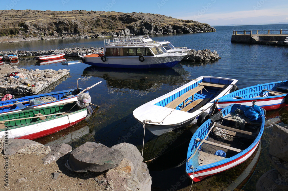 Boat shelter in the small harbour Taquile Island on Lake Titicaca Peru