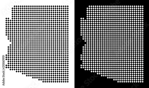 Vector rhombic dotted Arizona State map. Abstract geographic maps in black and white colors on white and black backgrounds. Arizona State map combined of rhombus dot grid.