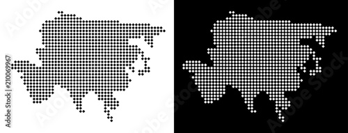 Vector rhombic pixel Asia map. Abstract geographic maps in black and white colors on white and black backgrounds. Asia map combined of rhombic element mosaic.